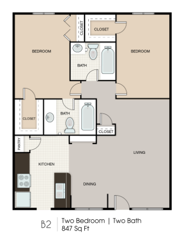 Floor plan for 2 beds, 2 baths, 847 sqft